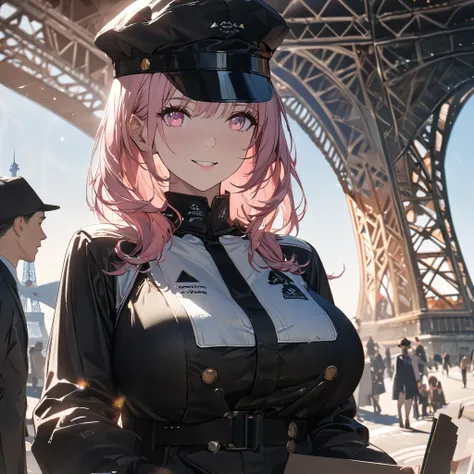 a woman wearing a professional painter's uniform, black french painter's hat, long pink hair, pink eyes, smiling, big breasts, b...