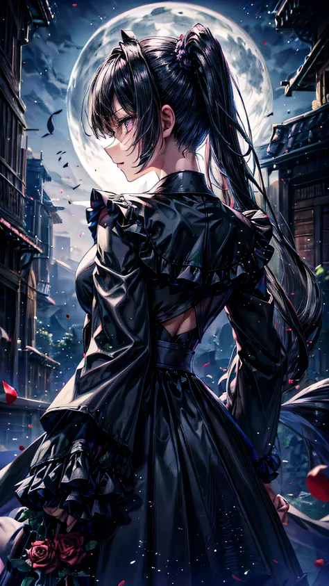 ado,black longcoat,pony tail,back ground black rose,full moon,facing forward,