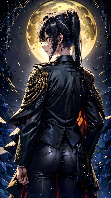 ado,military suit,gold design,jacket,pants,pony tail,back ground black rose,full moon,Facing front,