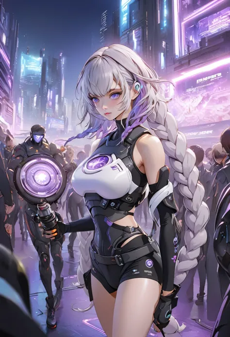 (Very detailed CG unified 16k wallpaper:1.1), (Denoising Strength: 1.45), 1girl, cryptic_g, purple eyes, silver hair, gradient hair, twin braided hair,Dark purple with white hair, Fluorescent violet,, Beautiful and detailed cyberpunk city, Beautiful and de...