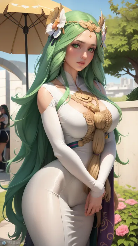 una mujer con una falda verde y un top rosa sosteniendo un paraguas verde, un retrato de personaje inspirado en rossdraws, tende...