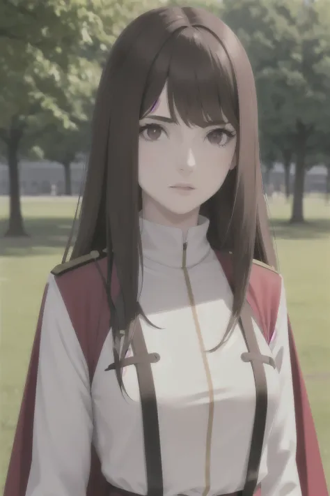 1 girl,straight hair, bangs,brown hair, bright red eyes,Looking at the viewer,white army uniform,, standing in the park,close up photo