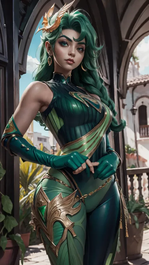 una mujer con una falda verde y un top rosa sosteniendo un paraguas verde, un retrato de personaje inspirado en rossdraws, Tendencias en la sociedad CG, fantasy art, Sailor Jupiter. Hermoso, extremely detailed artistic germ, palutena lady, gama murata y ar...