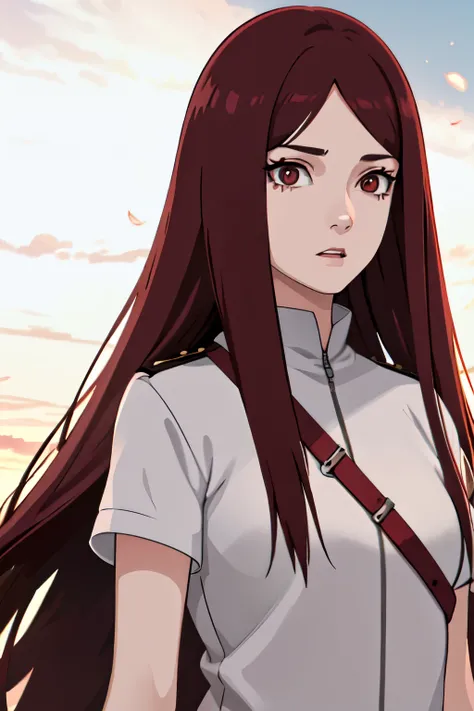 1 girl,straight hair,brown hair, bright red eyes,Looking at the viewer,white army uniform,, standing in the park,half body,close up photo,at night