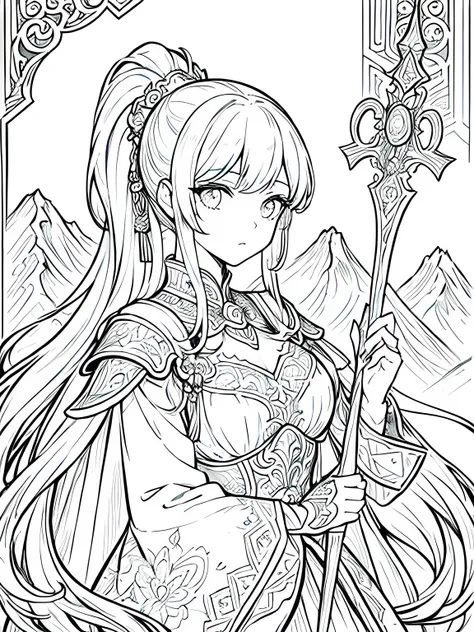 masterpiece,monochrome,Lineart,no shading,single color,coloring book for children,Create a detailed coloring page of a beautiful fantasy girl with ponytail hairstyle. She is dressed in ornate knight armor and holding a large, elegant sword. Her armor shoul...