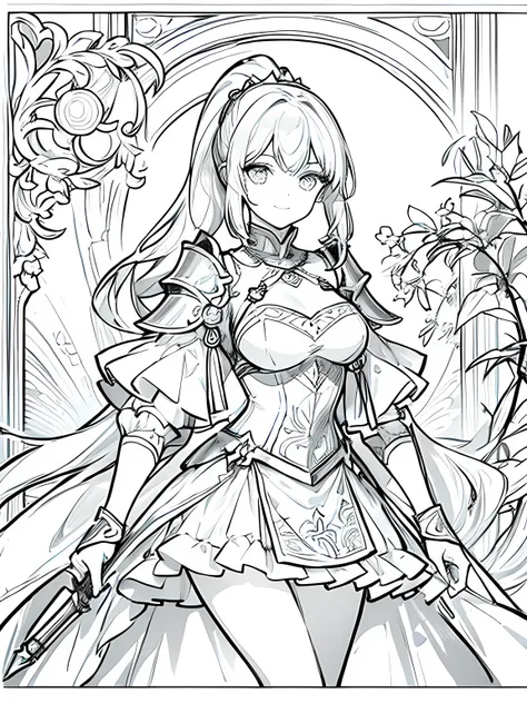 masterpiece,monochrome,Lineart,no shading,single color,Create a detailed coloring page of a beautiful fantasy girl with ponytail hairstyle. She is dressed in ornate knight armor and holding a large, elegant sword.She is wearing a sexy suit of armor.She is ...