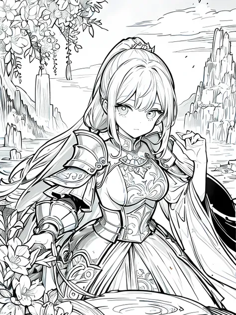masterpiece,monochrome,Lineart,no shading,single color,coloring book for children,Create a detailed coloring page of a beautiful fantasy girl with ponytail hairstyle. She is dressed in ornate knight armor and holding a large, elegant sword. Her armor shoul...