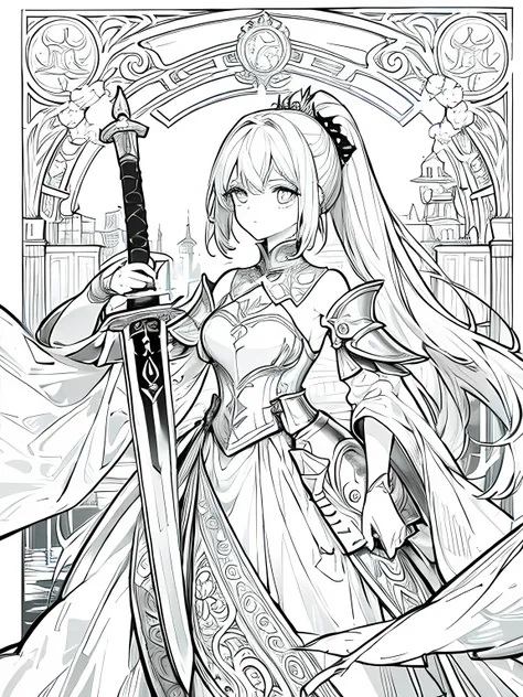 masterpiece,monochrome,Lineart,no shading,single color,coloring book for children,Create a detailed coloring page of a beautiful fantasy girl with ponytail hairstyle. She is dressed in ornate knight armor and holding a large, elegant sword. Her armor shoul...