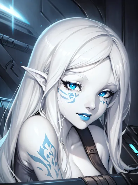 jarael, pale white skin, long white hair, ((blue lips)), medium breasts, cute smile, beautiful eyes, cheek tattoos, on a spaceship, star wars