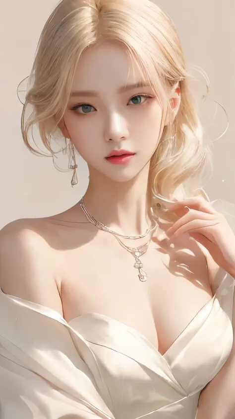 wearing a white dress、blonde woman wearing jewelry posing for photo, artwork in the style of guweiz, guweiz, beautiful digital i...