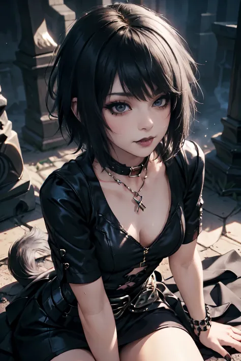 1girl, woman, emo_hairstyle, black lipstick, dog collar, eyeliner, eye shadow, smoky eyes, realistic lighting, short hair, smug, punk, smirk, fantasy clothes, skirt, tight fantasy dress, high danrasy.