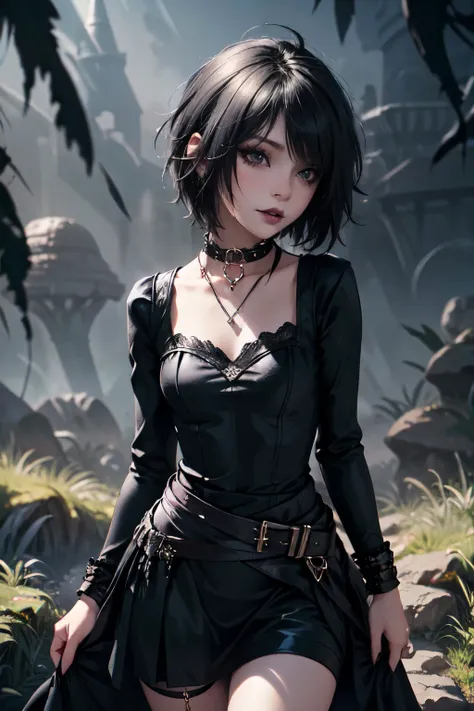 1girl, woman, emo_hairstyle, black lipstick, dog collar, eyeliner, eye shadow, smoky eyes, realistic lighting, short hair, fantasy clothes, skirt, tight fantasy dress, high fantasy, standing up.