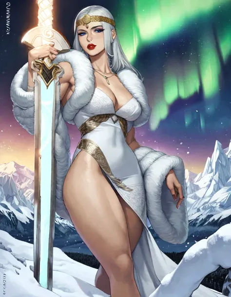 [sciamano240|dima ivanov|shirow masamune], 1girl, large breasts, platinum hair, circlet, viking theme, dress, cleavage, tattoos, greatsword, planted sword, fur trim, looking at viewer, half-closed eyes, parted lips, visible breath, thick thighs, red lips, ...