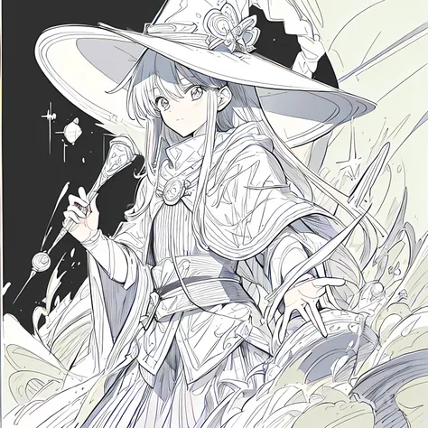 Line art background, background, Monochrome, Line art, ((sketch)),Highest quality,masterpiece,monochrome,Lineart,single color,Create a detailed coloring page,Wizard,,A powerful wizard casting a spell,A wizard wearing a wizards hat,Witch Hat