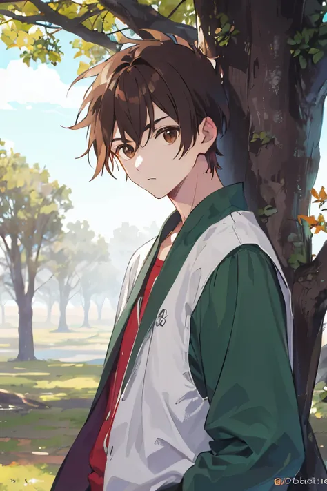 ((mejor calidad)), ((obra maestra)), (detallado). Chico, boy, brown hair, brown eyes. Ninja. Arms. Trees. Alert. Neutral. Serio. Ninja clothes. Clothes green. 