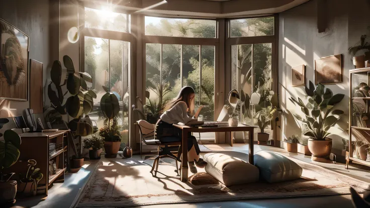 Top quality picture, top quality, cartoon, woman working on computer behind, desk, large, clean room, modern, large glass window, morning sun, houseplants, rug mat and large cushion on floor.