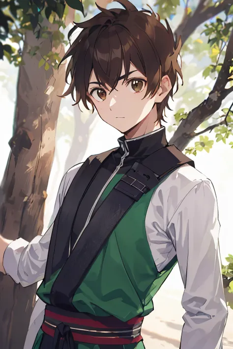 ((mejor calidad)), ((obra maestra)), (detallado). Chico, boy, brown hair, brown eyes. Ninja. Arms. Trees. Alert. Neutral. Serio. Ninja clothes. Clothes green.  Rostro cubierto. 