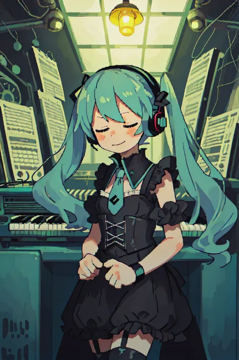 vocaloid, (hatsune miku, aqua hair, very long hair, twintails, aqua nails, aqua necktie:1.2),
(grant wood, american gothic:1.2),
1girl, solo, (portrait), smile, closed mouth, (closed eyes), lips, (spoken musical note),
(final fantasy tactics:1.2),
(recor...