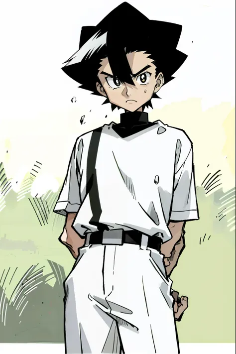 by Ken Sugimori, sugimori 1990s, ((only 1man)), black and white uniform, sports referee ((hands behind their back)), full black pupils, manga, best quality, highly detailed, clean lines, cowboy shot, good hands, good eyes, hd, 8k, professional, symmetrical...