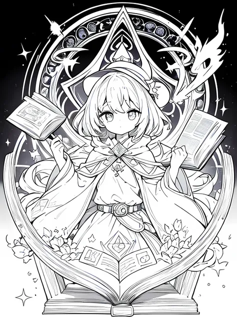 Monochrome,Lineart,Dark outlines,Black and white only,Clear background,A long robe with wide sleeves and a hem、Large hood、Pointed hat、Mysterious Aura、A cloak decorated with a magic circle emblem、Amulet、pendant、A wand inlaid with gems and magical runes、book...