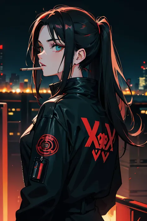 detailed eye, cyberpunk girl style, 19 years, dark hair, red strand of hair, dark green eyes "smokes a cigarette" ((blacked out ...