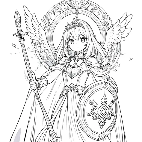 Monochrome,Lineart,Dark outlines,Black and white only,Clear background,Girl、Brave、Beautiful and elegant armor、Plate Armor、Chainmail、Cape、Cape、Small Crown、tiara、Amulet、pendant、bracelet、ring、A large legendary sword engraved with magical powers and symbols.、P...