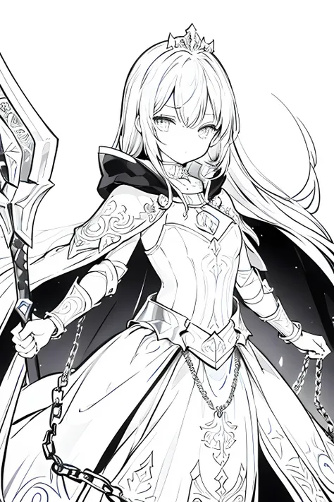 Monochrome,Lineart,Dark outlines,Black and white only,Clear background,Girl、Brave、Beautiful and elegant armor、Plate Armor、Chainmail、Cape、Cape、Small Crown、tiara、Amulet、pendant、bracelet、ring、A large legendary sword engraved with magical powers or symbols.、Po...