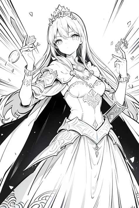 Monochrome,Lineart,Dark outlines,Black and white only,Clear background,Girl、Brave、Beautiful and elegant armor、Plate Armor、Chainmail、Cape、Cape、Small Crown、tiara、Amulet、pendant、bracelet、ring、A large legendary sword engraved with magical powers or symbols.、Po...