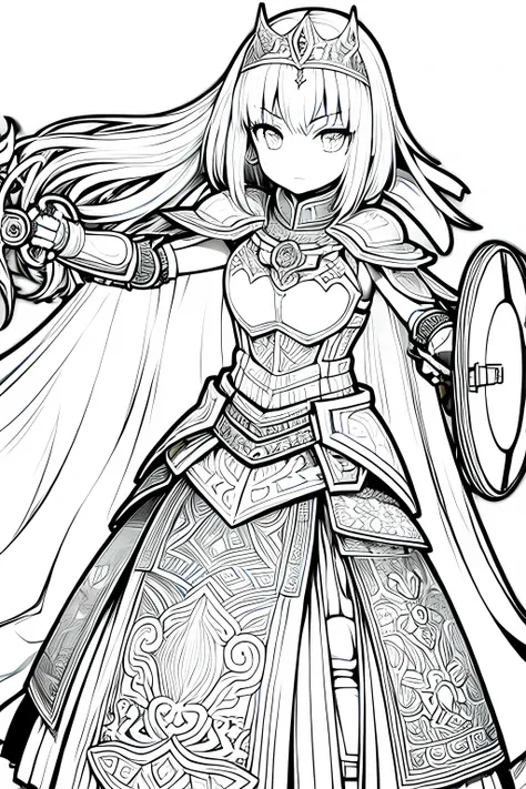 monochrome,lineart,dark outlines,black and white only,clear background,girl、brave、beautiful and elegant armor、plate armor、chainm...