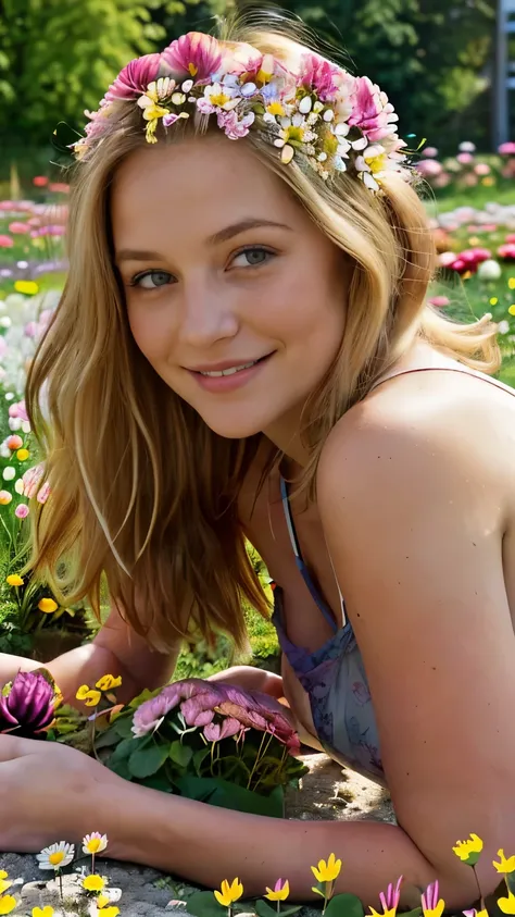 A woman named Lara Bauer steht in einer (colorful flowering meadow), She is a 22 year old woman, She has beautiful shoulder-length blonde hair, (gelbbraune blonde Haare), (blonde kleine Augenbrauen), bright grey-green eyes with great details, glattes haar,...