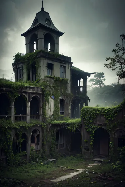  a photography of an abandoned island, inspired by Ansel Adams, with dilapidated buildings overgrown with vines, an eerie color temperature, no facial expressions, dramatic shadows, and a haunting atmosphere --v 5 --stylize 1000