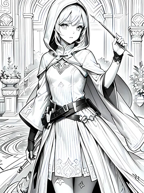 Line art background, background, Monochrome, Line art, ((sketch)),Highest quality,masterpiece,monochrome,Lineart,single color,Create a detailed coloring page,Leather Armor、Cloth clothing、Hooded cloak、Sober design、Pouch、belt、boots、dagger、Dagger、Stiletto、Sma...