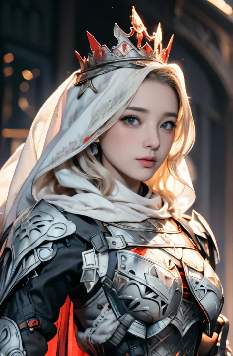 Elegant armor,princess, Full body, wearing a hijab , crown luxury , blue eye, blond hair, around 17 years old, (red silver hijab), tmasterpiece,Best quality at best,A high resolution,8K,((Portrait)),(upper body),Original photo,real photograph,digital photo...