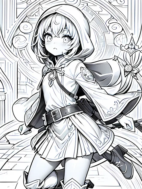 Line art background, background, Monochrome, Line art, ((sketch)),Highest quality,masterpiece,monochrome,Lineart,single color,Create a detailed coloring page,Leather Armor、Hooded cloak、Sober design、Pouch、belt、boots、dagger、Dagger、Stiletto、Small Crossbow、thr...