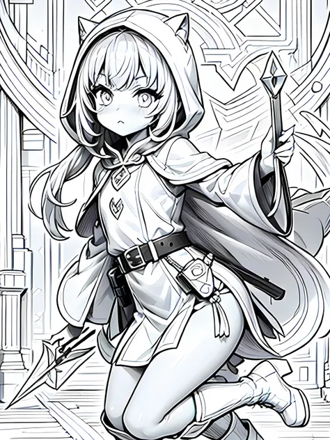 Line art background, background, Monochrome, Line art, ((sketch)),Highest quality,masterpiece,monochrome,Lineart,single color,Create a detailed coloring page,Leather Armor、Hooded cloak、Sober design、Pouch、belt、boots、dagger、Dagger、Stiletto、Small Crossbow、thr...