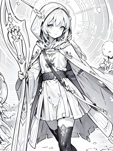 Line art background, background, Monochrome, Line art, ((sketch)),Highest quality,masterpiece,monochrome,Lineart,Bow user、archery、leather armor、Hooded cape、Hooded cloak、boots、pants、Tunic、Pouch、belt、gloves、Gauntlet、bow、arrow、nature lover、Calm、High accuracy、...