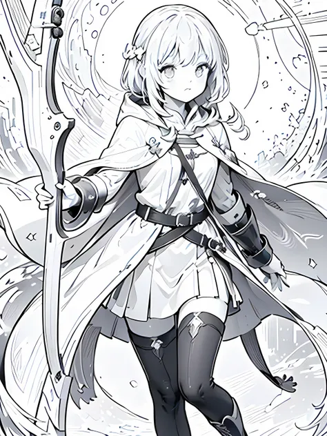 Line art background, background, Monochrome, Line art, ((sketch)),Highest quality,masterpiece,monochrome,Lineart,Bow user、archery、leather armor、Hooded cape、Hooded cloak、boots、pants、Tunic、Pouch、belt、gloves、Gauntlet、bow、arrow、nature lover、Calm、High accuracy、...