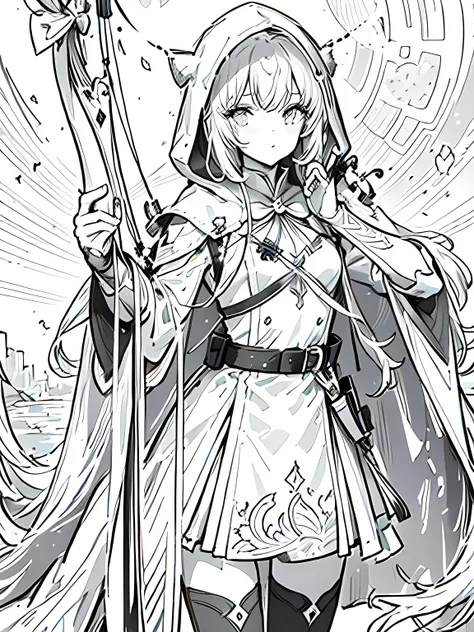 Line art background, background, Monochrome, Line art, ((sketch)),Highest quality,masterpiece,monochrome,Lineart,Bow user、archery、leather armor、Hooded cape、Hooded cloak、boots、pants、Tunic、Pouch、belt、gloves、Gauntlet、bow、arrow、nature lover、Calm、High accuracy、...
