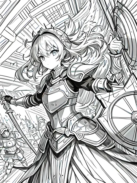 Line art background, background, Monochrome, Line art, ((sketch)),Highest quality,masterpiece,monochrome,Lineart,single color,Create a detailed coloring page,Girl、Big eyes、Plate Armor、Helmet、Tower Shield、Kite Shield、Long sword、Big Axe、hammer、Gauntlet、Greav...