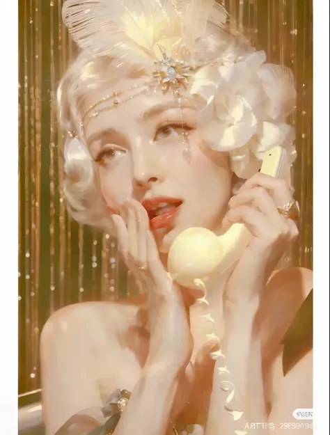 arafed woman in a white dress holding a phone to her ear, enoch bolles, inspired by Art Frahm, art deco portrait, inspired by J.C. Leyendecker, inspired by J. C. Leyendecker, inspired by Rolf Armstrong, inspired by Alberto Vargas, anna dittmann alberto var...