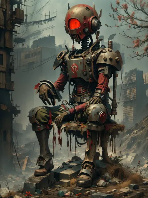 wasteland，a very poor old mech sitting on a rock thinking，thinker，hand on cheek，(sitting:1.2)，rust，wearing tattered red armor，th...