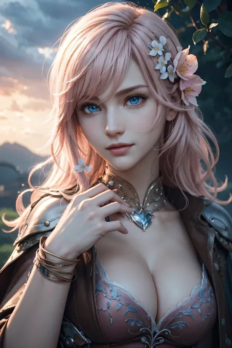 Thunder,Final Fantasy,Pink Blonde,Medium Hair,Lightly permed hair,Curly hair on one side,Let your bangs down,Beautiful Blue Eyes,Beautiful and tall nose,Ultra HD,super high quality,masterpiece,Digital SLR,Photorealistic,Detailed details,Vivid details,Depic...