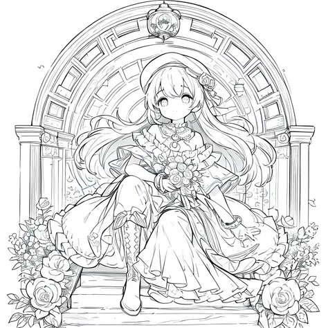 Line art background, background, Monochrome, Line art, ((sketch)),Highest quality,masterpiece,monochrome,Lineart,single color,Create a detailed coloring page,Girl、Big eyes、Patchwork style、Bell Hat、Frills、ribbon、Gorgeous、Comfortable clothing、boots,beads、pen...