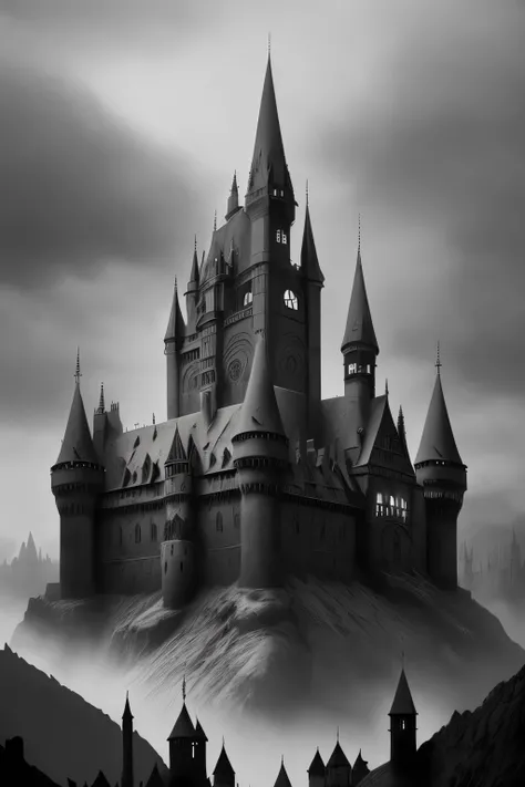 a black and white photo of a castle surrounded by crows, a matte painting by Auseklis Ozols, tumblr, gothic art, ominous gothic aesthetic, gothic atmosphere, dark fantasy setting, fantasy dark art, dark fantasy mixed with realism, gothic horror vibes, dark...