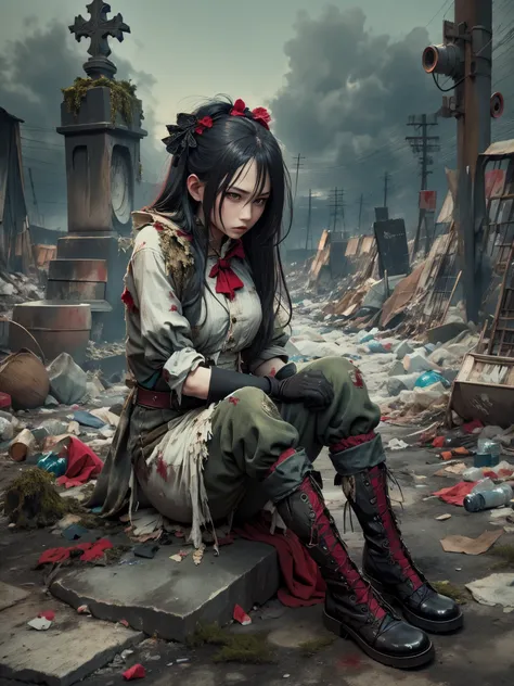 wasteland，very poor maid sitting on a stone thinking，thinker，hand on cheek，(sitting:1.2)，tattered，穿着tattered不堪的红色女仆服装，the skylin...