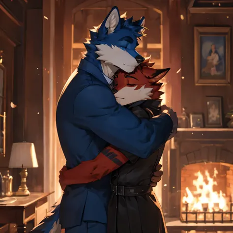 red furry and blue furry hugging