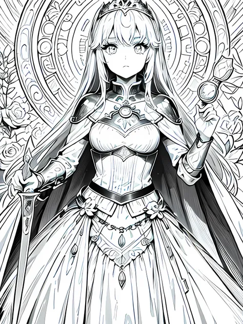 Line art background, background, Monochrome, Line art, ((sketch)),Highest quality,masterpiece,monochrome,Lineart,single color,Create a detailed coloring page,Girl、Big eyes、Beautiful and elegant armor、Plate Armor、Chainmail、Cape、Cape、Small Crown、tiara、Amulet...