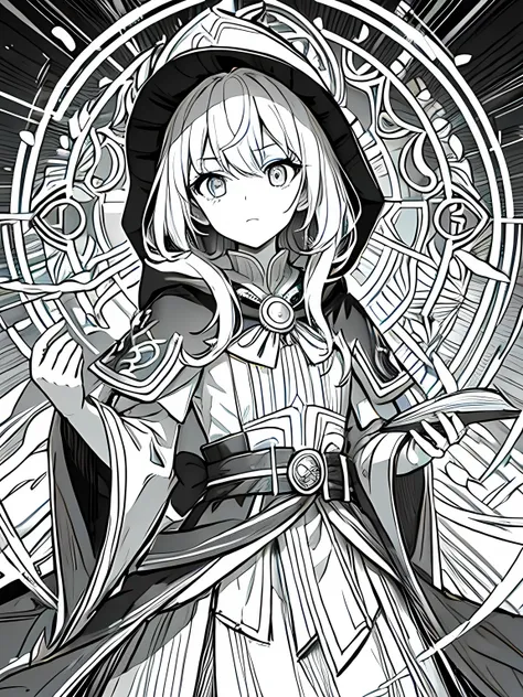 Line art background, background, Monochrome, Line art, ((sketch)),Highest quality,masterpiece,monochrome,Lineart,single color,Create a detailed coloring page,Girl、Big eyes、A long robe with wide sleeves and a hem、Large hood、Pointed hat、Mysterious Aura、A clo...