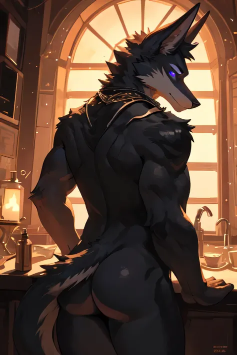 adult male, anthro jackal, dat ass, big butt, nude, looking at viewer, looking back at viewer, purple eyes, glowing eyes, black fur, black body, full black body, full black fur, monocle, athletic male, a single skin tone,