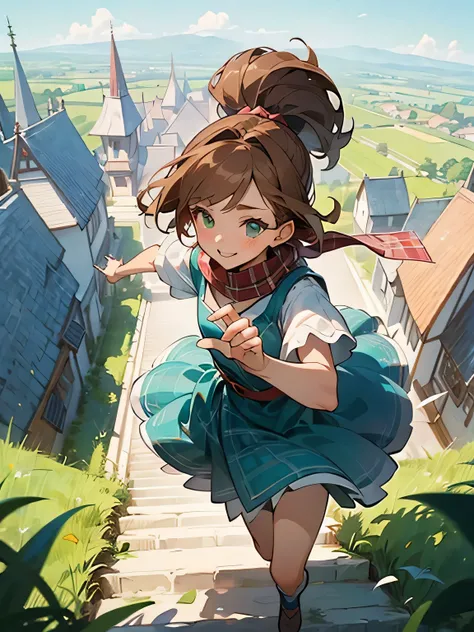 from above:1.3,(Main target: human),close up face, reddish-brown hair, scarf, skinny long white shirt, pastel red and pastel green and white, enchanting chest, smile, girls collection, elegant and mature feminine clothing, world view of Alice in Wonderland...